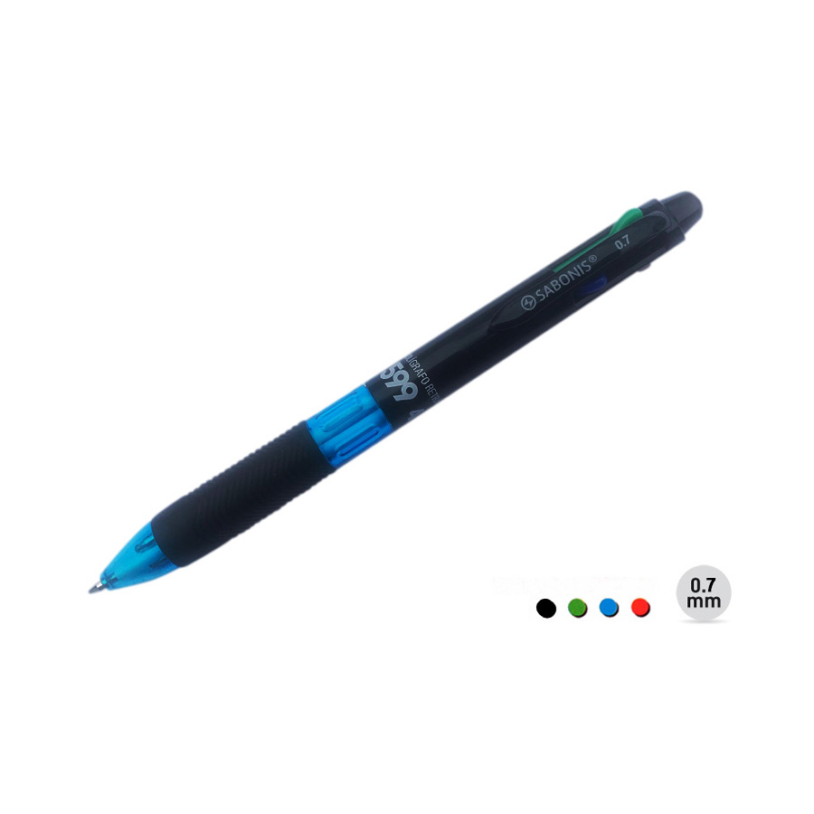 Bolígrafo de 4 colores de 0.7 mm con clip y grip de goma, Acción retráctil ideal para todas sus necesidades de escritura .Tinta: 4 colores negro , azul , rojo y verde.Caja c/ 12 piezas.