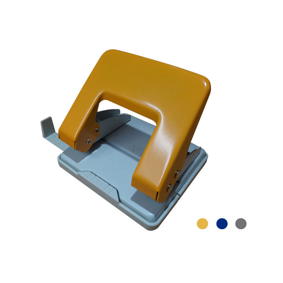 Perforadora metálica de 2 agujeros c/ regleta ajustable.Color: Azul, plata y anaranjada.