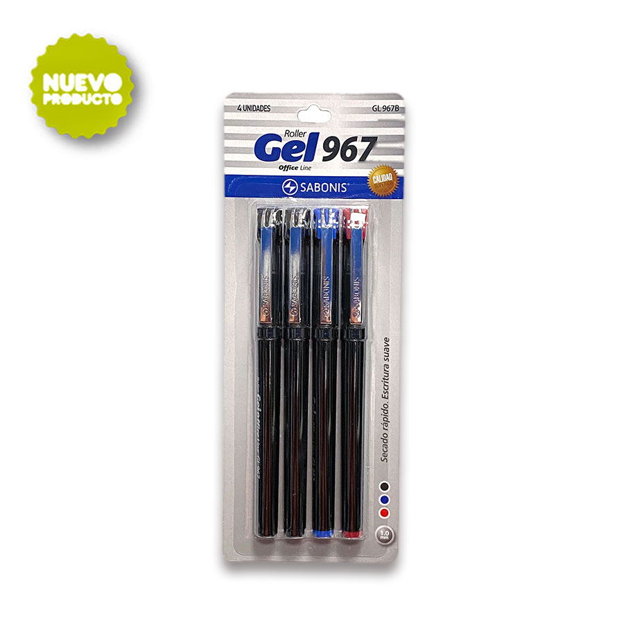BOLIGRAFO GEL 1.0 MM.BLISTER 4 PIEZAS 2 NEGRAS, 1 AZUL Y 1 ROJA.