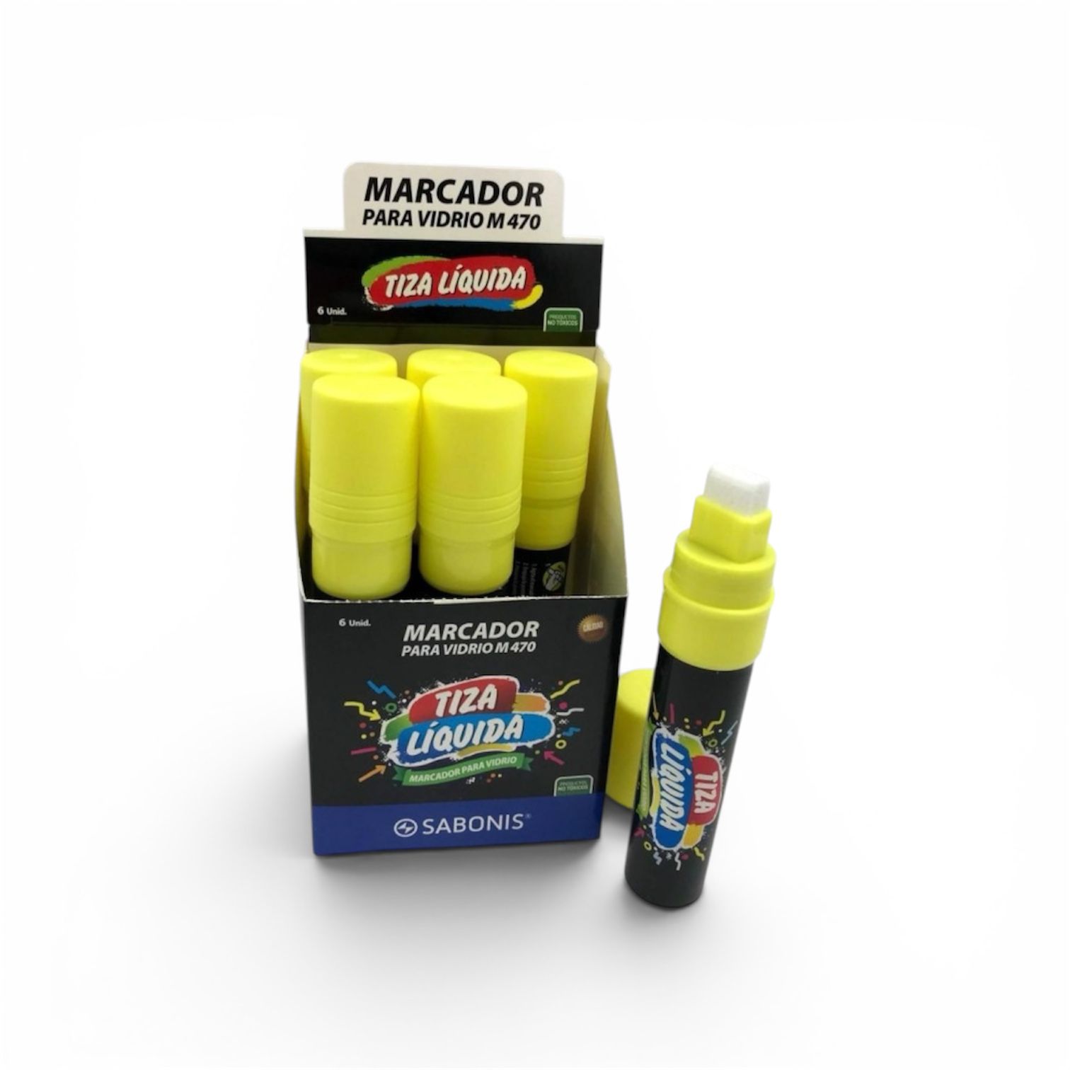 Marcador JUMBO para vidrio de punta biselada de 15 mm.
Color: Amarillo, rosa y verde.
Caja c/ 6 piezas por color.